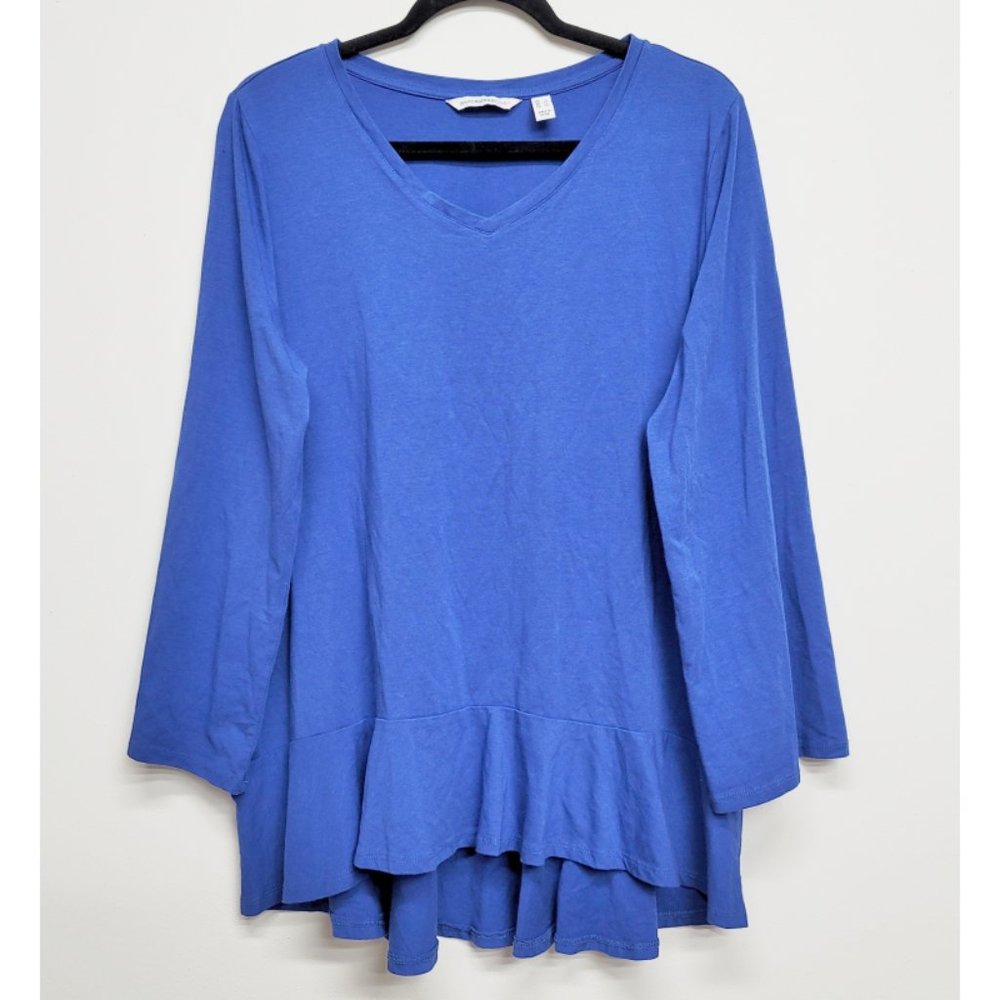 Isaac Mizrahi Royal Blue V-Neck Ruffle Hem Top, size L, like new!